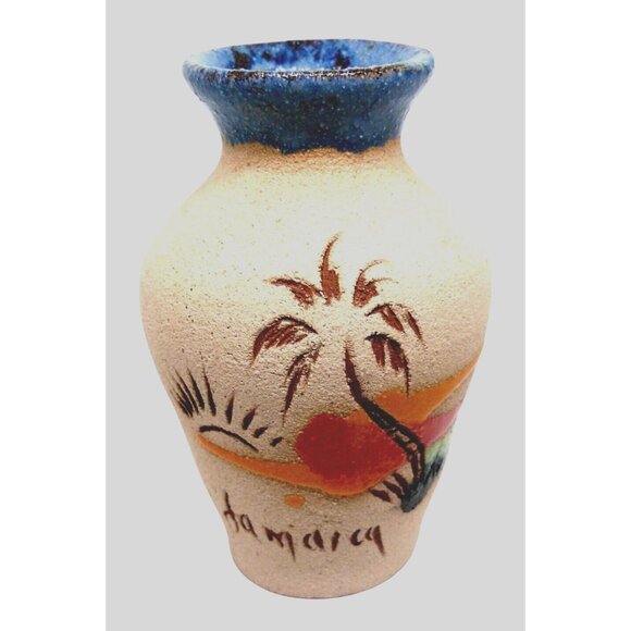 Handcrafted Jamaican Marblestone Vase with Blue Glaze Rim Engraved Palm Tree Vtg - Picture 1 of 5